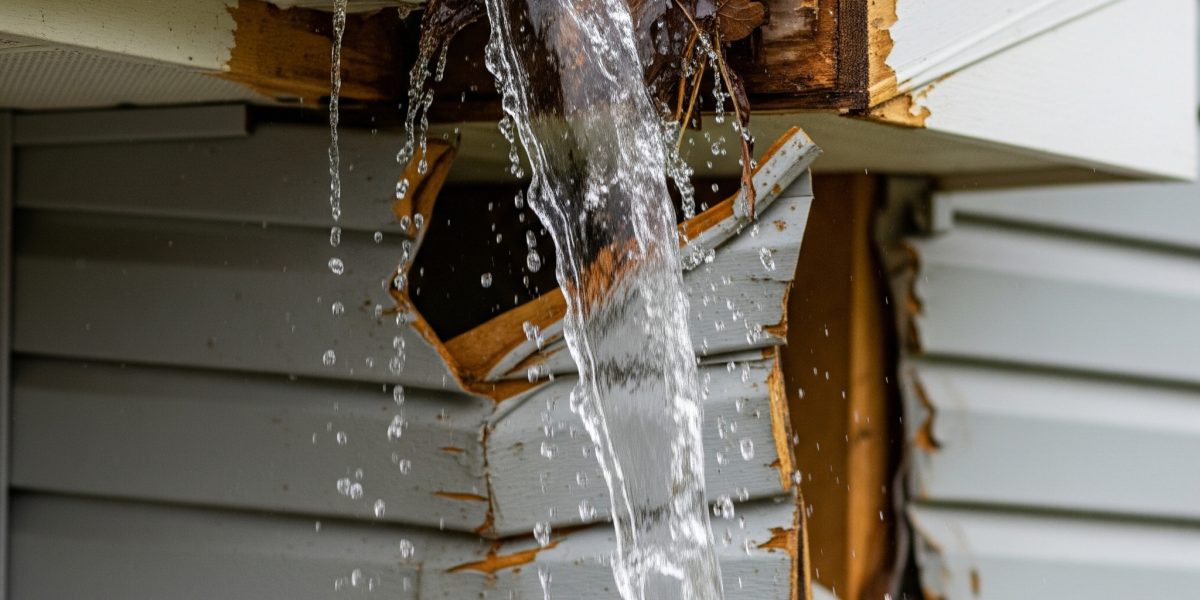Water overflowing from damaged gutters causing home siding damage